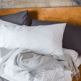 Bed with Organic Percale Charcoal Stripe Bedding