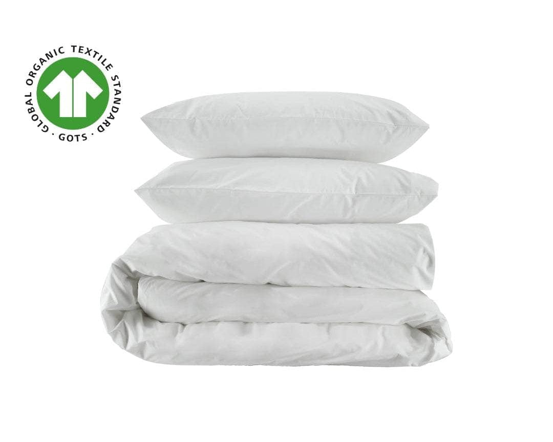 White organic percale duvet cover set folded with two pillowcases
