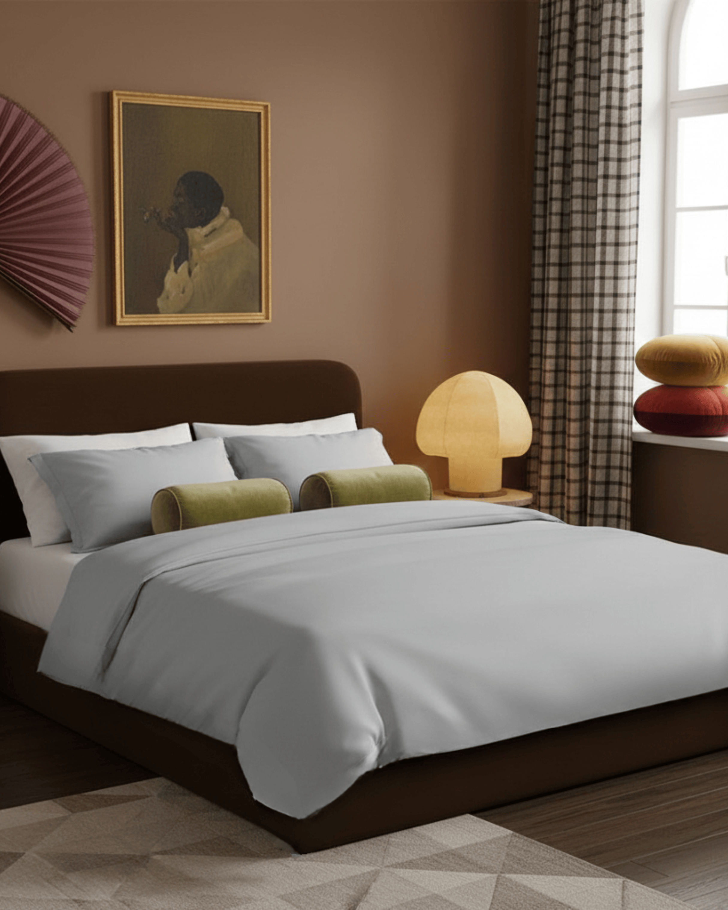 Modern bedroom with a bed, lamp, and decorative items.