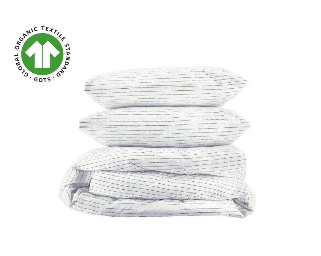 Navy Stripe organic percale duvet cover and pillowcases, folded