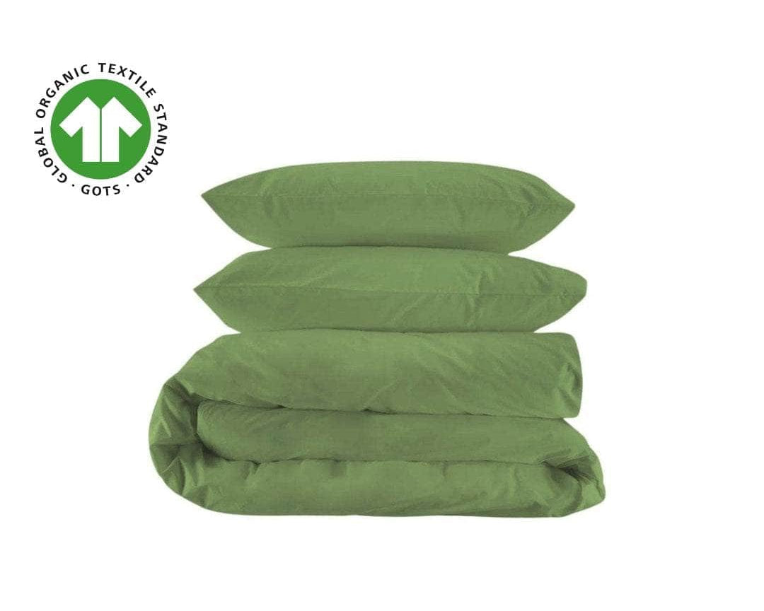 Leaf green organic percale duvet cover and pillowcases, folded