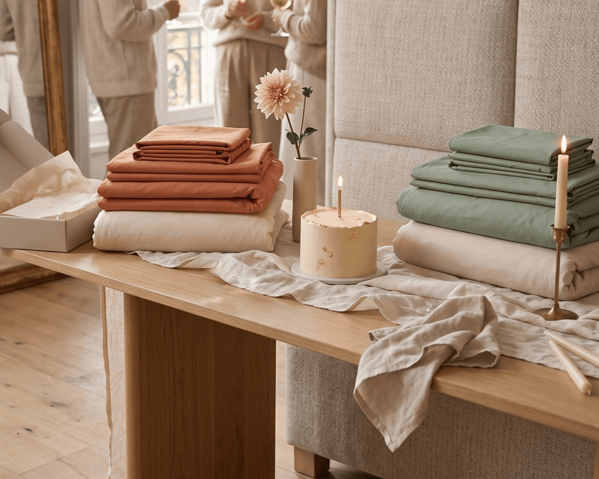 Folded bedding sets in terracotta, cream, and sage green displayed on a wooden table in a softly lit bedroom. A candle, vase with a flower, and upholstered headboard are visible in the scene.
