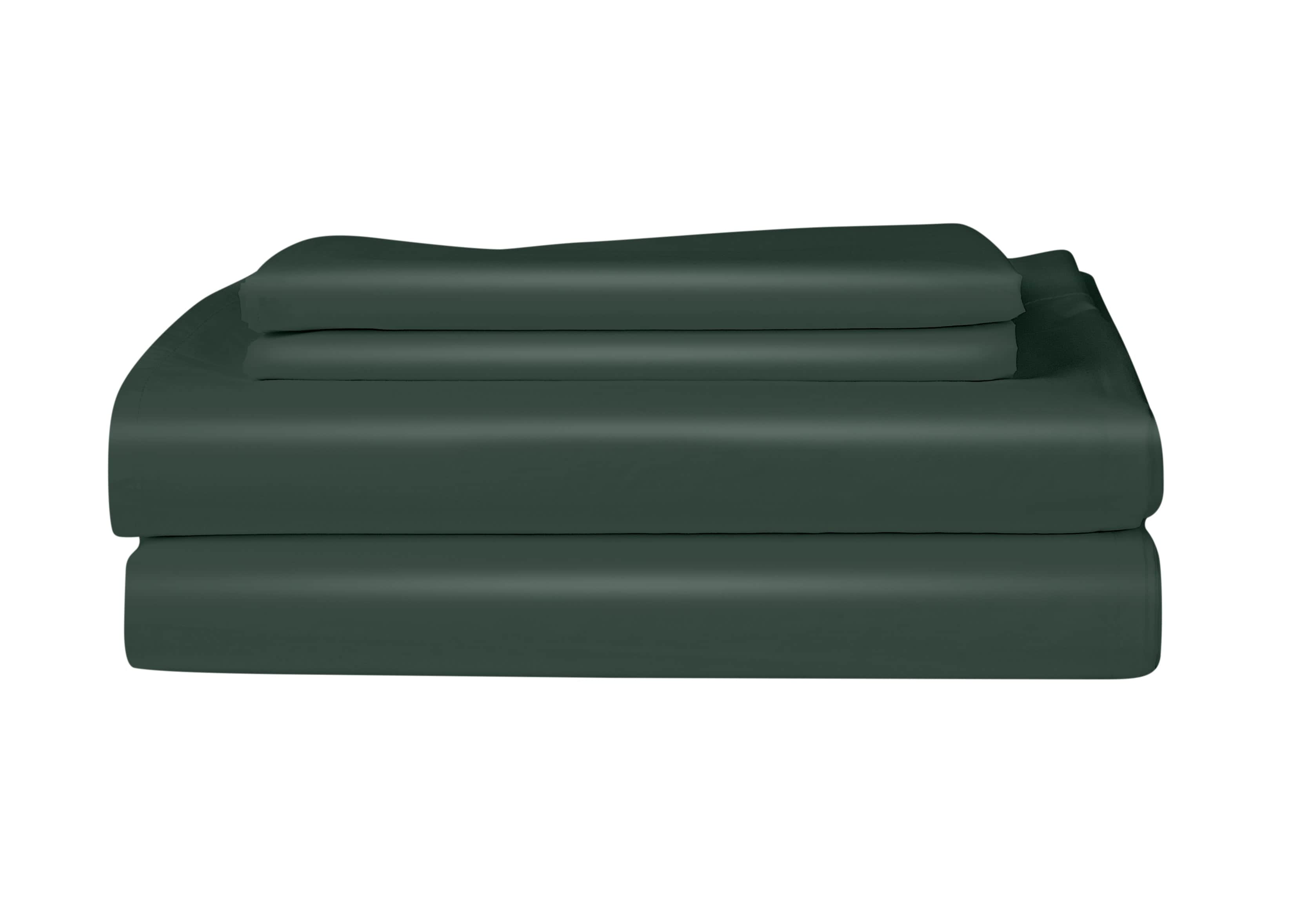 Dark green bed sheets folded on a white background
