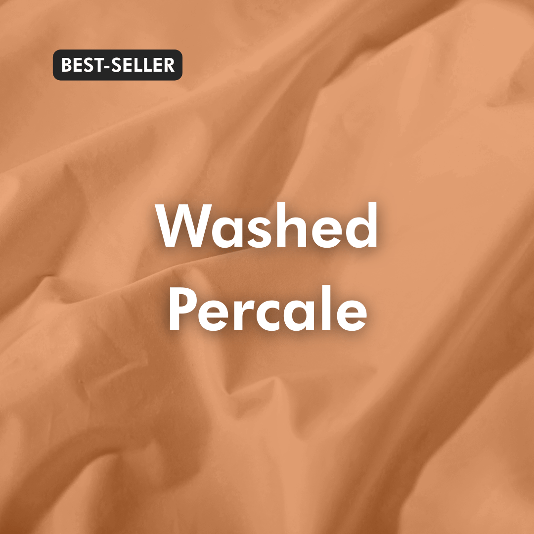 Brown fabric with 'Washed Percale' text and 'Best-Seller' label