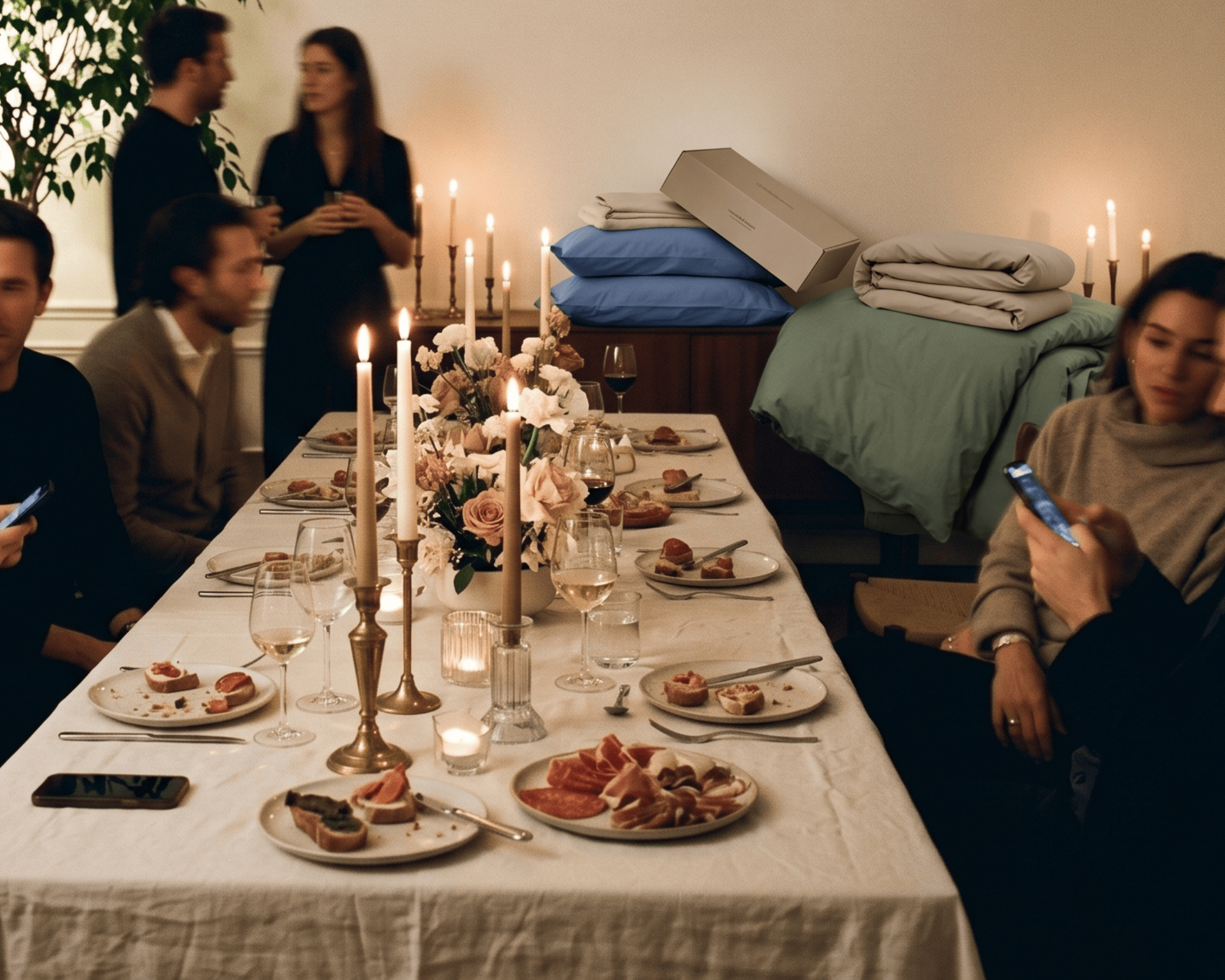 A cozy indoor dining scene with several people seated around a long table set with plates, candles, wine glasses, and a floral centerpiece. In the background, folded bedding or blankets are stacked on a bed or couch, and more candles are lit against a warm wall.