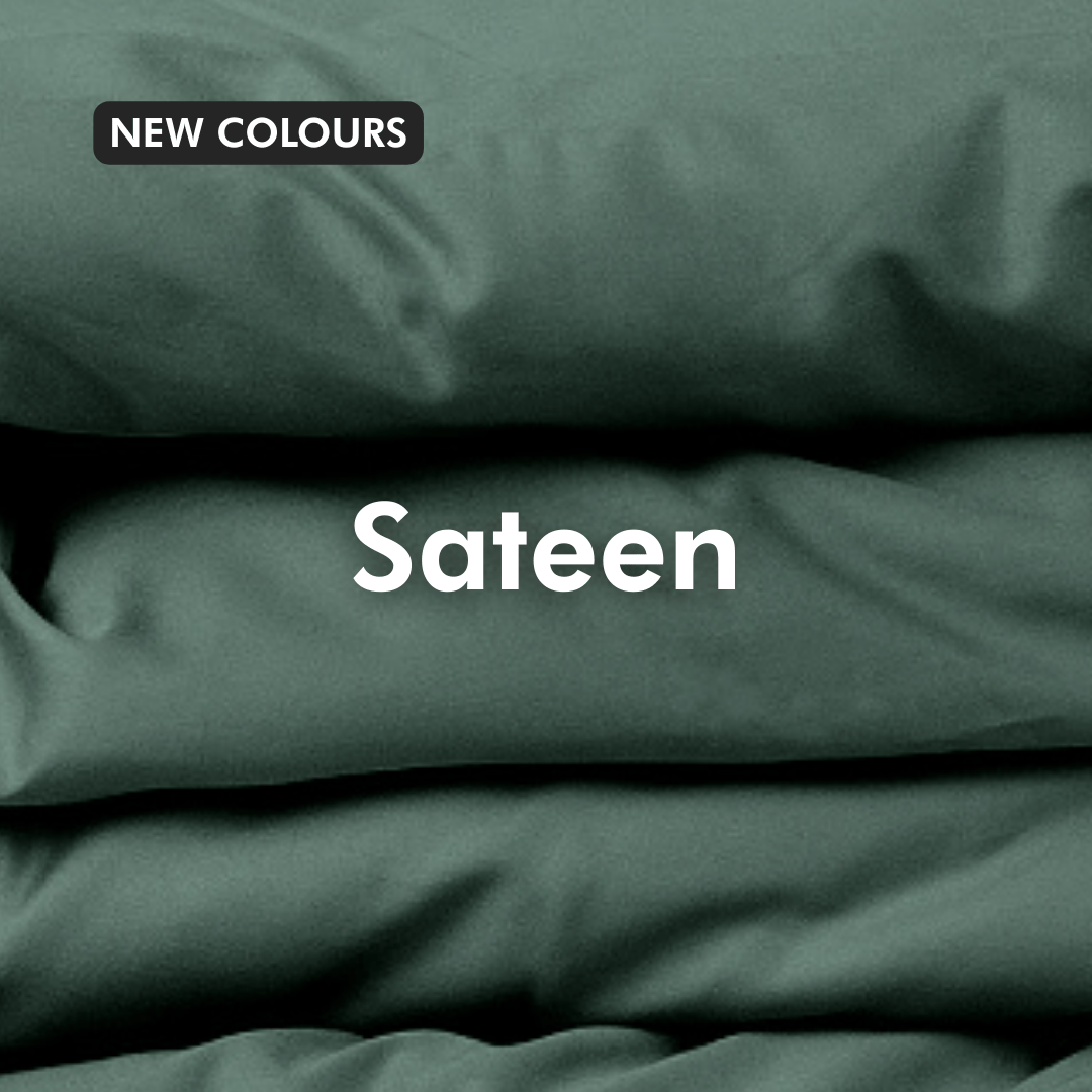 Green sateen fabric with 'Sateen' text and 'New Colours' label.