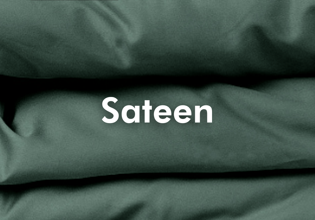 Green sateen fabric with 'Sateen' text and 'New Colours' label.