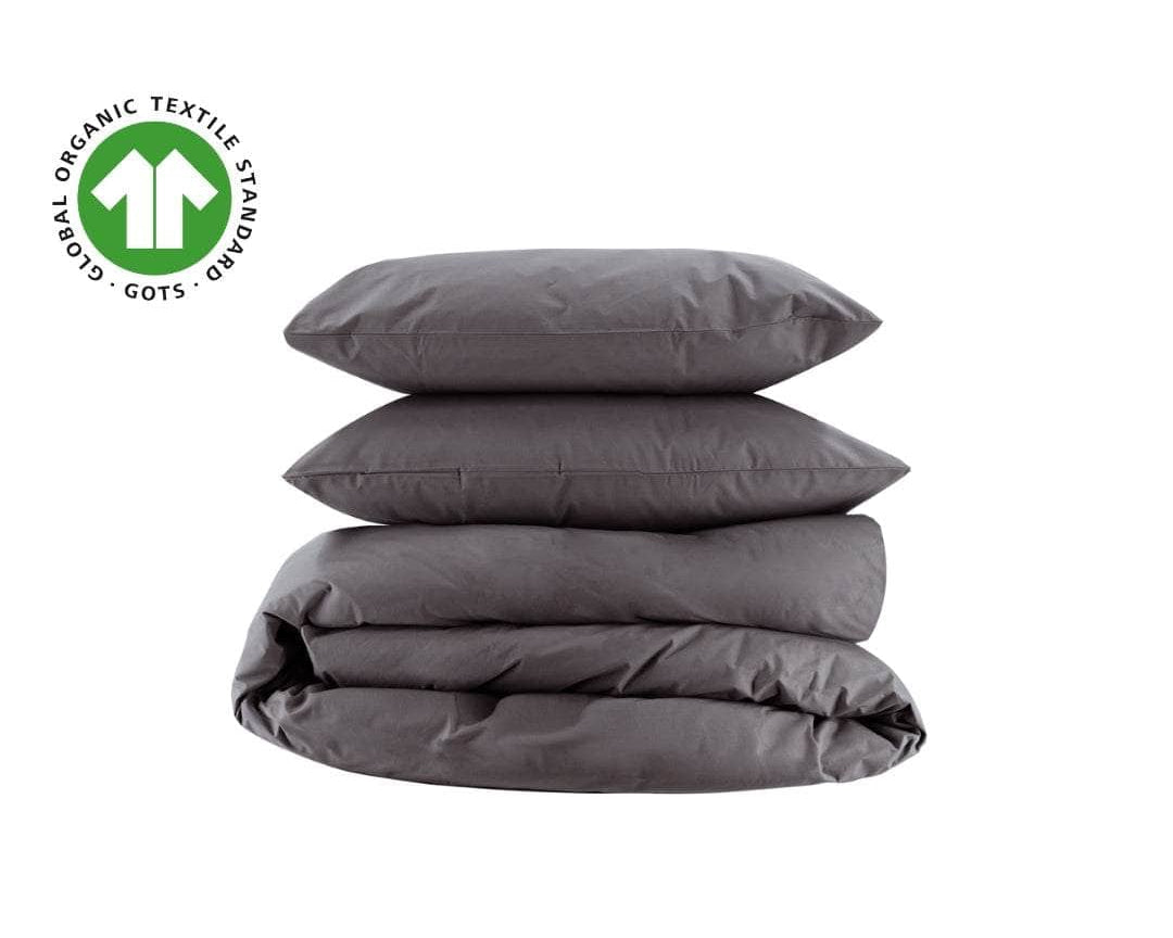 Charcoal organic percale duvet cover and pillowcases, folded