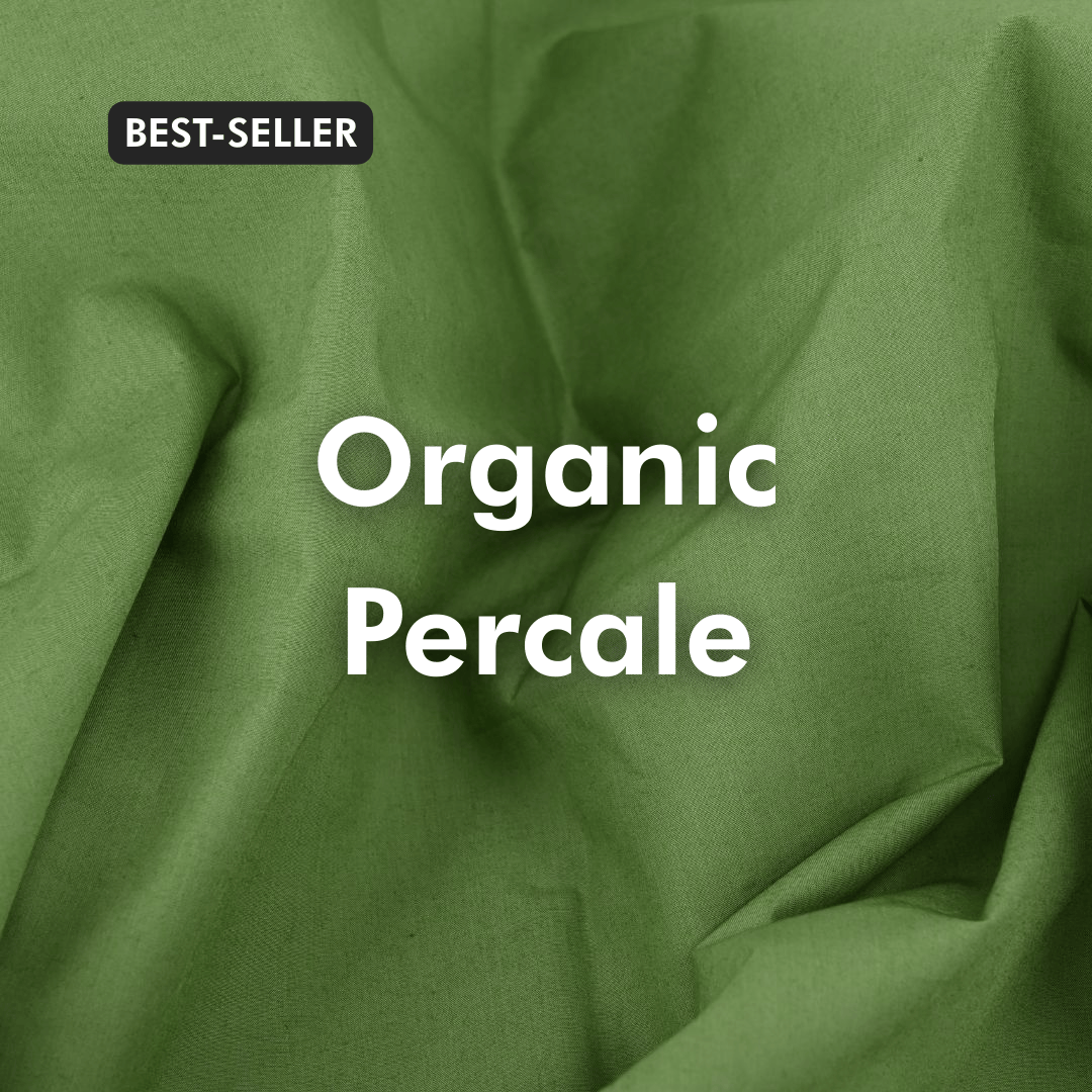 Green fabric with 'Organic Percale' text and 'Best-Seller' label
