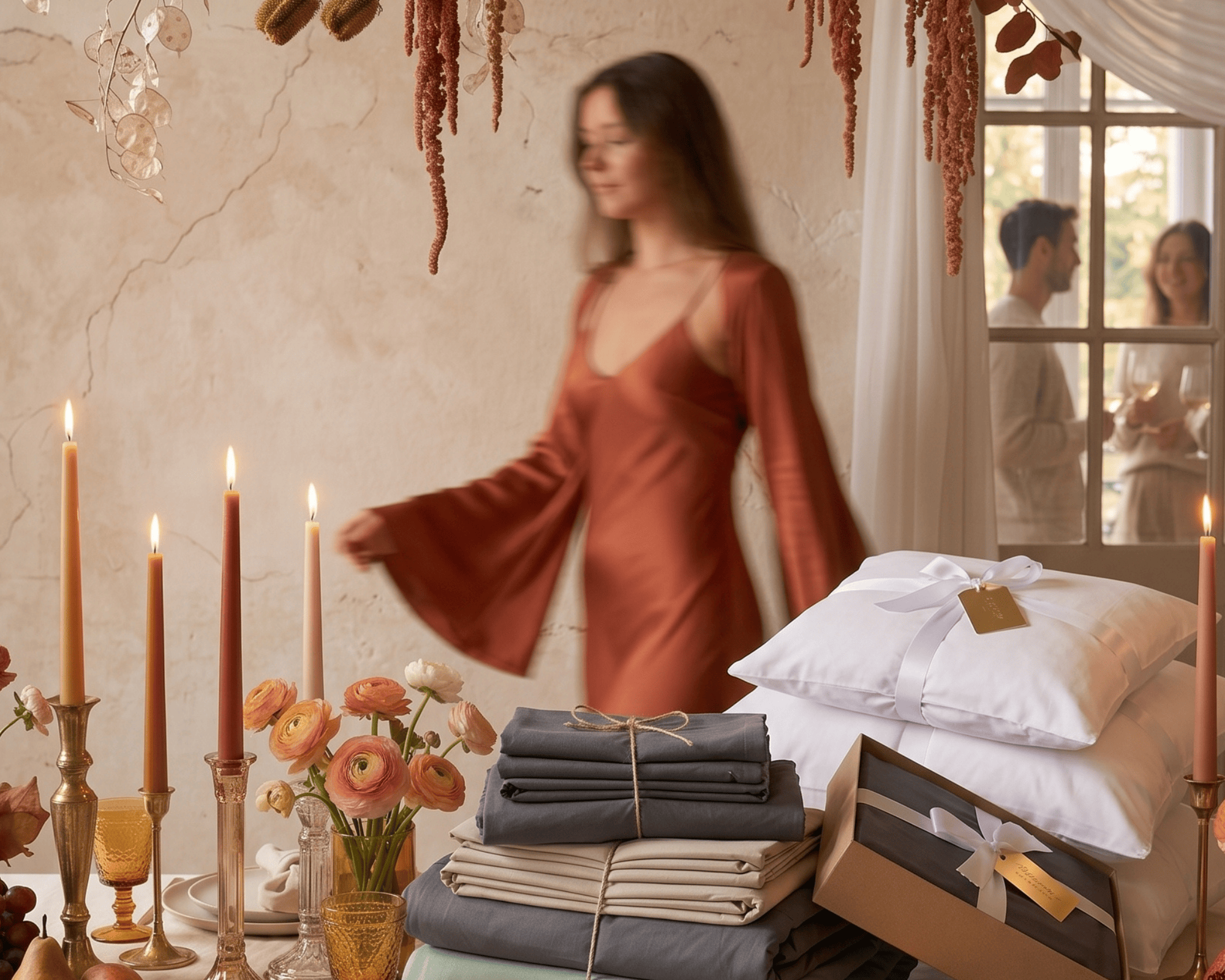A woman in a rust-colored slip dress walks past a styled bed setup in a warm, softly lit bedroom. The foreground shows folded bedding and pillows, including a white pillow with a ribbon and a gift box, while the background features a woman and man in a softly blurred window view.