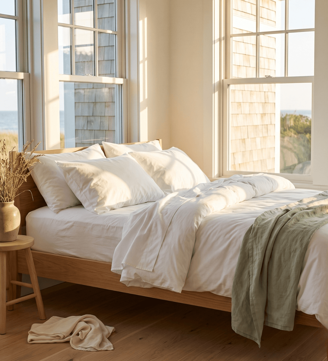 A neatly made bed with white bedding and pillows in a bright bedroom with large windows, warm natural light, wood flooring, and a light green throw blanket draped over the foot of the bed.