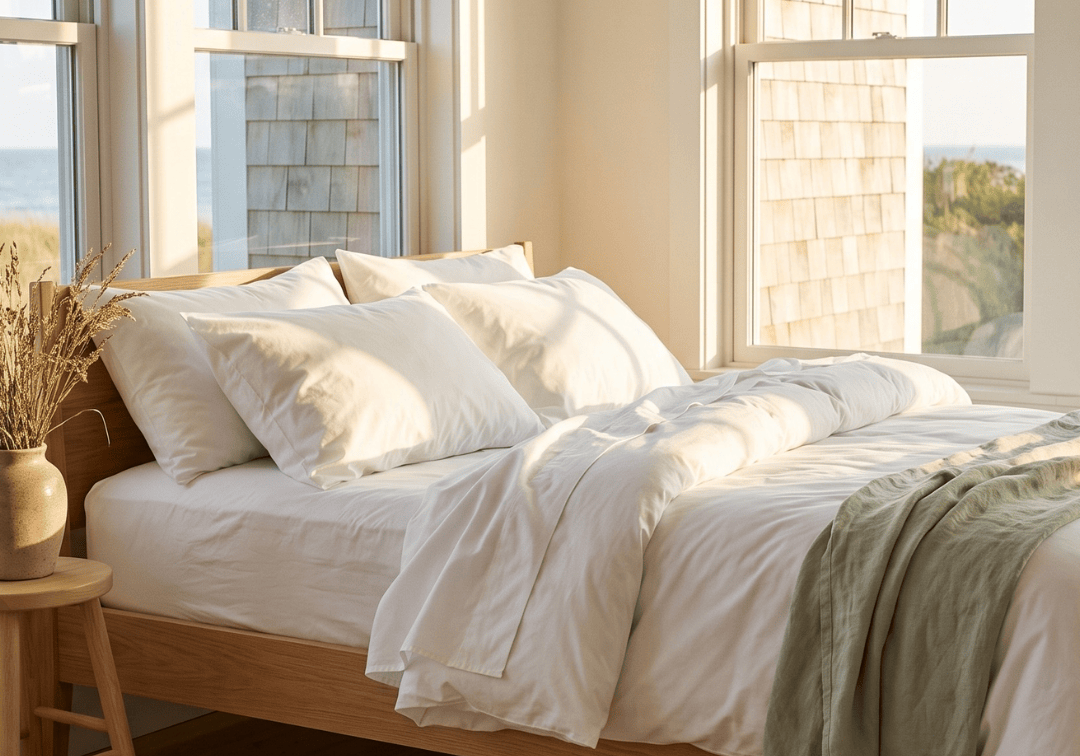 A neatly made bed with white bedding and pillows in a bright bedroom with large windows, warm natural light, wood flooring, and a light green throw blanket draped over the foot of the bed.