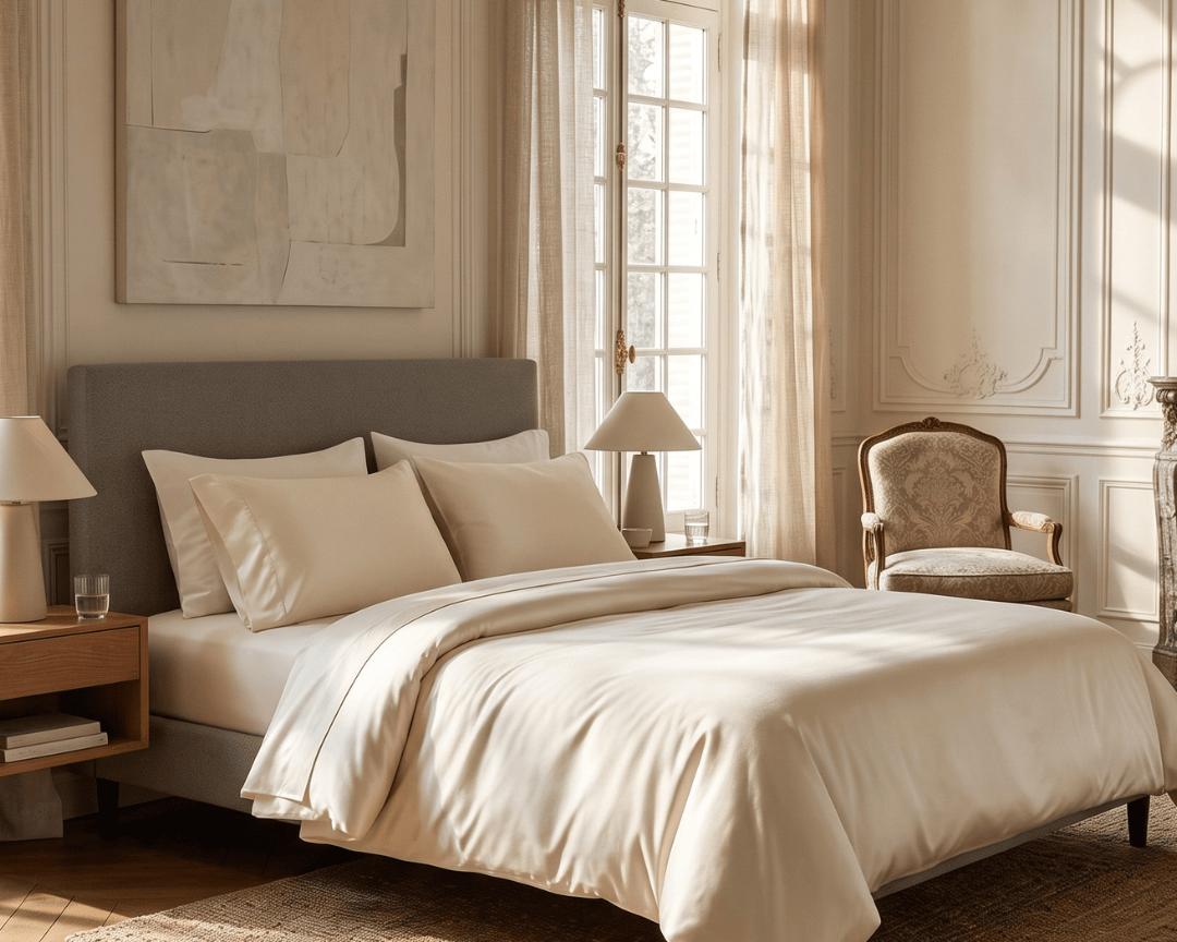 A neatly made bed with cream bedding and matching pillows in a softly lit, elegant bedroom with paneled walls, sheer curtains, a wooden floor, and a small upholstered chair.