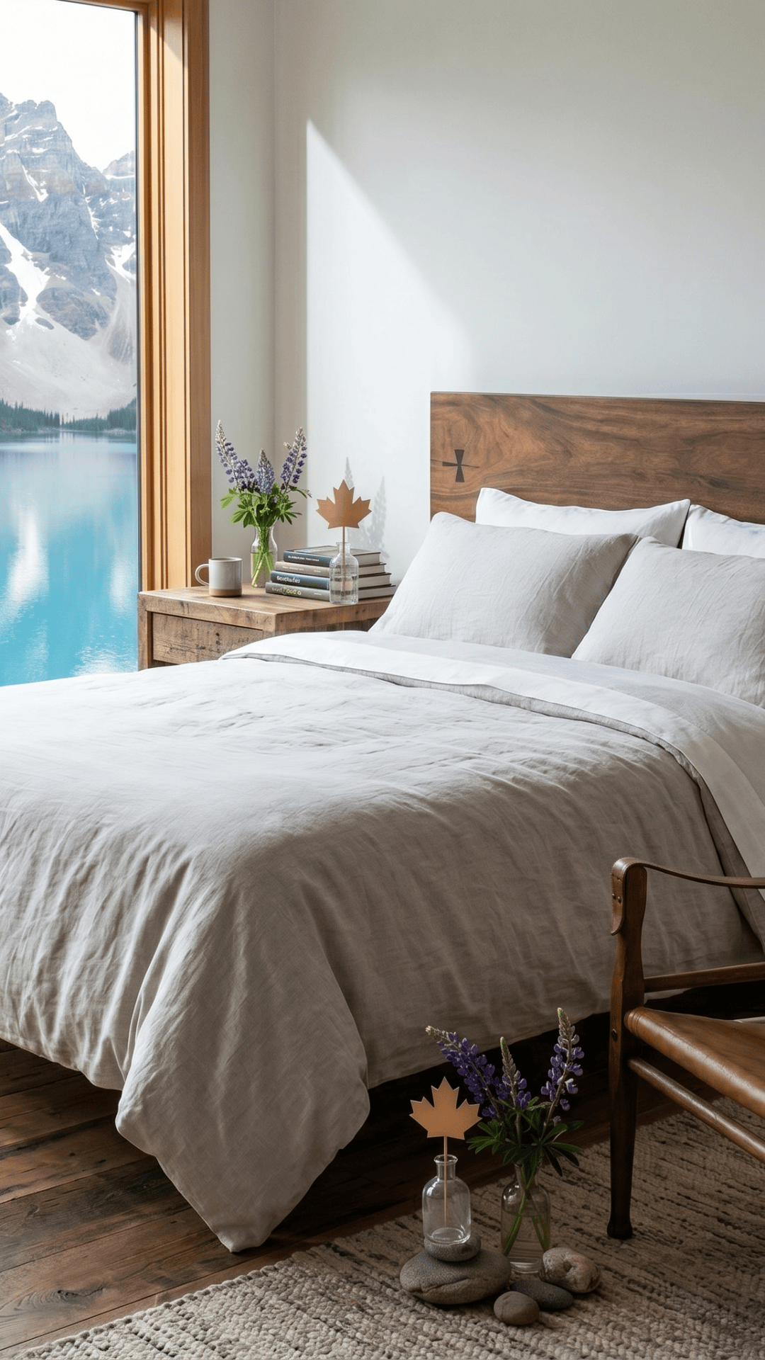 Bedroom with wooden headboard, white bedding, and a view of a lake and mountains.