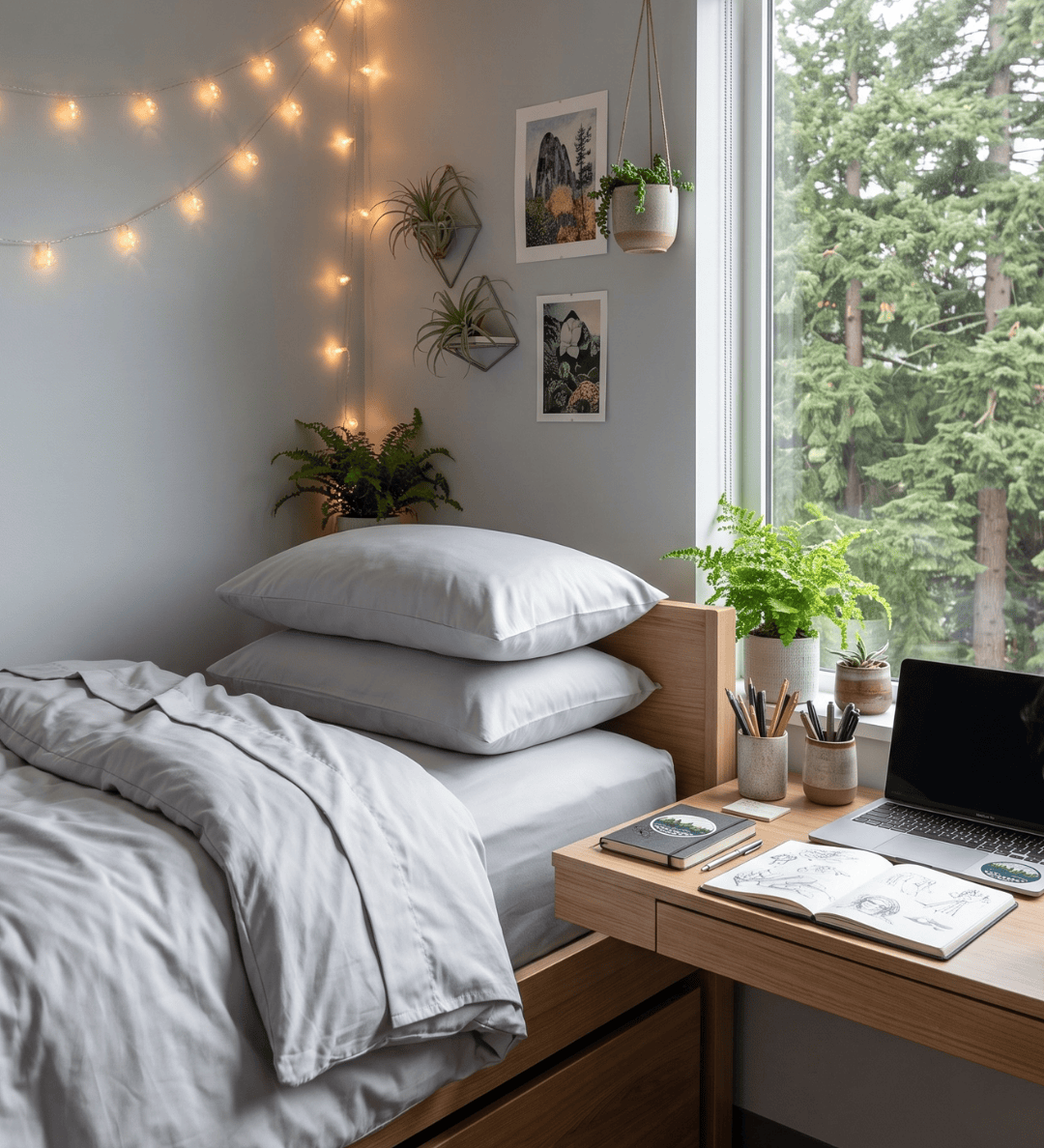 A cozy bedroom corner with a bed dressed in light gray bedding, a wooden desk with an open laptop and notebook, a window showing green trees outside, and warm string lights on the wall.