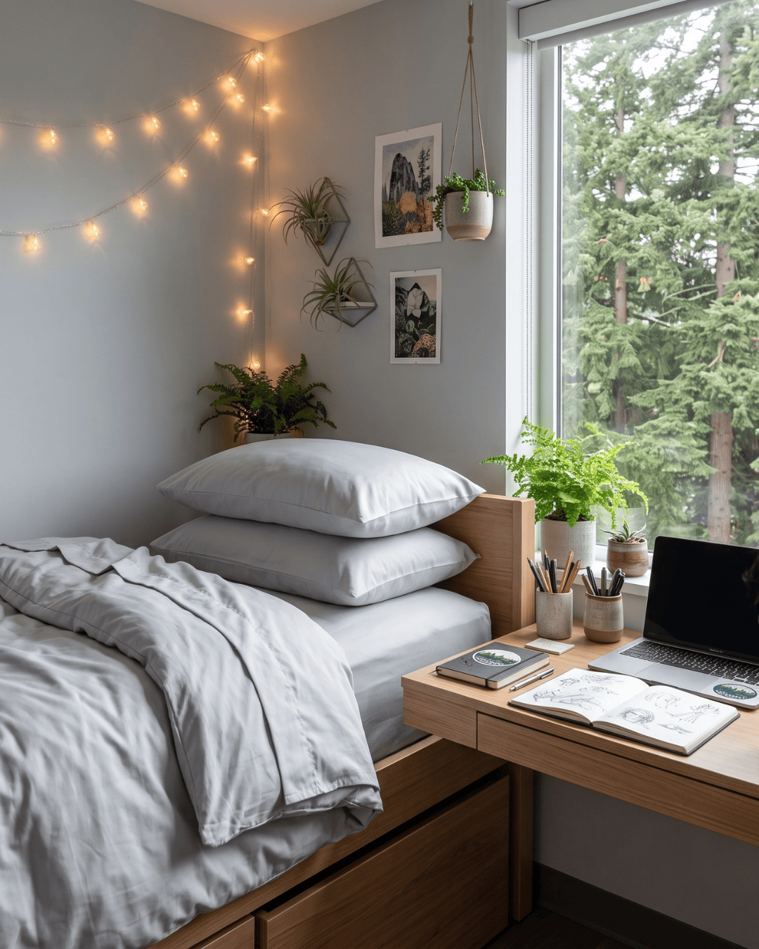 A cozy bedroom corner with a bed dressed in light gray bedding, a wooden desk with an open laptop and notebook, a window showing green trees outside, and warm string lights on the wall.