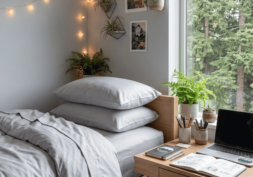 A cozy bedroom corner with a bed dressed in light gray bedding, a wooden desk with an open laptop and notebook, a window showing green trees outside, and warm string lights on the wall.