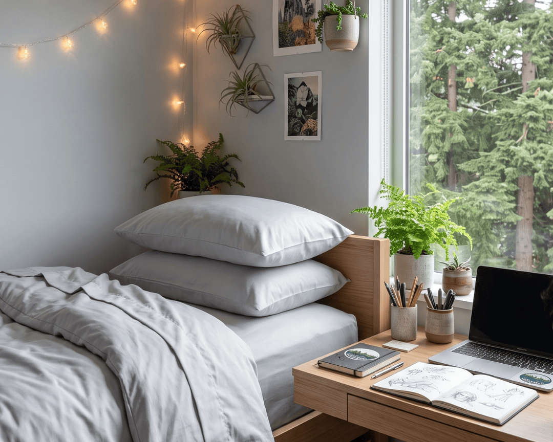 A cozy bedroom corner with a bed dressed in light gray bedding, a wooden desk with an open laptop and notebook, a window showing green trees outside, and warm string lights on the wall.