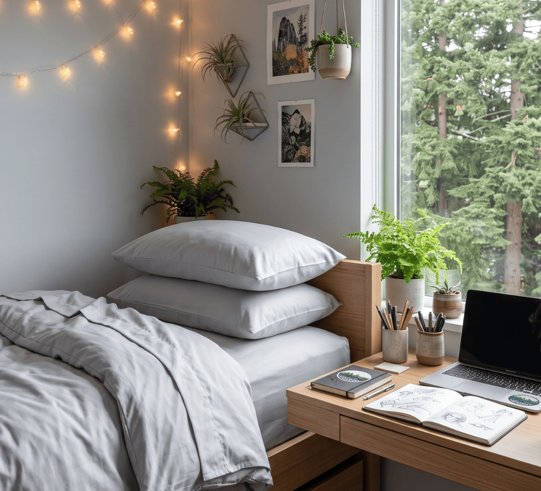 A cozy bedroom corner with a bed dressed in light gray bedding, a wooden desk with an open laptop and notebook, a window showing green trees outside, and warm string lights on the wall.