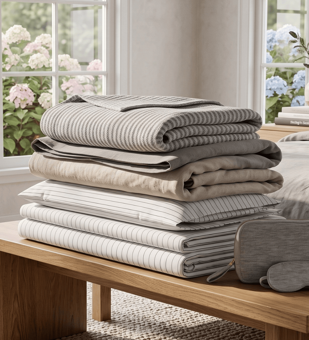 A stack of folded bedding, including striped and solid-colored duvet covers and pillowcases, displayed on a wooden bench in a bright, sunlit bedroom with windows showing outdoor greenery.