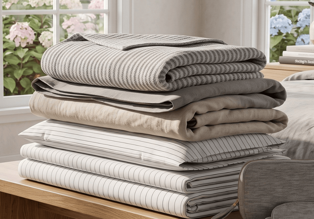 A stack of folded bedding, including striped and solid-colored duvet covers and pillowcases, displayed on a wooden bench in a bright, sunlit bedroom with windows showing outdoor greenery.