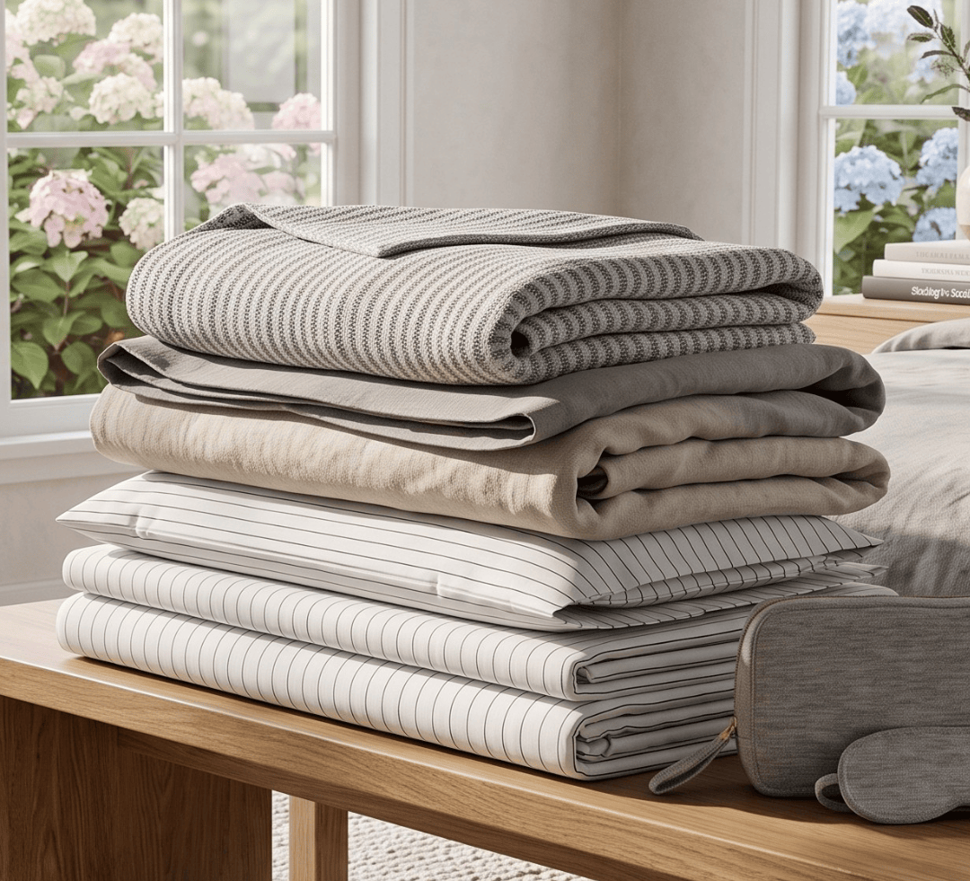 A stack of folded bedding, including striped and solid-colored duvet covers and pillowcases, displayed on a wooden bench in a bright, sunlit bedroom with windows showing outdoor greenery.