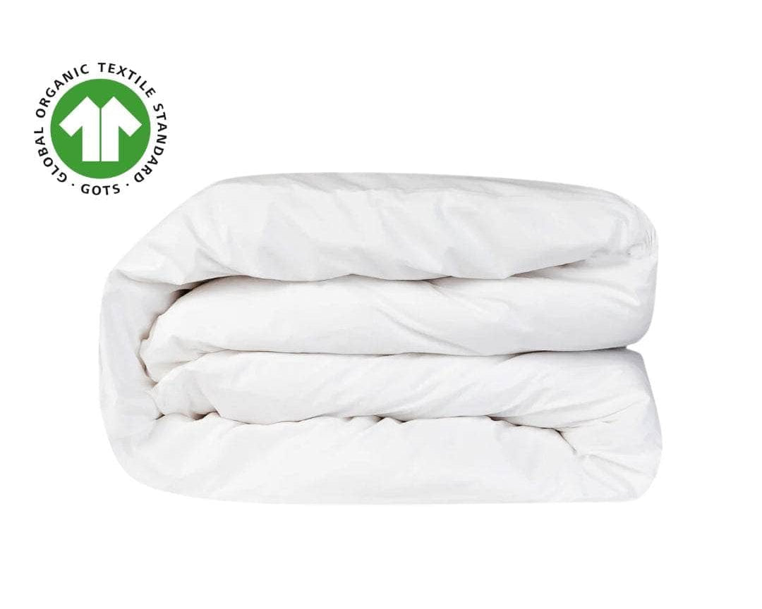 Folded White organic percale duvet cover with GOTS logo