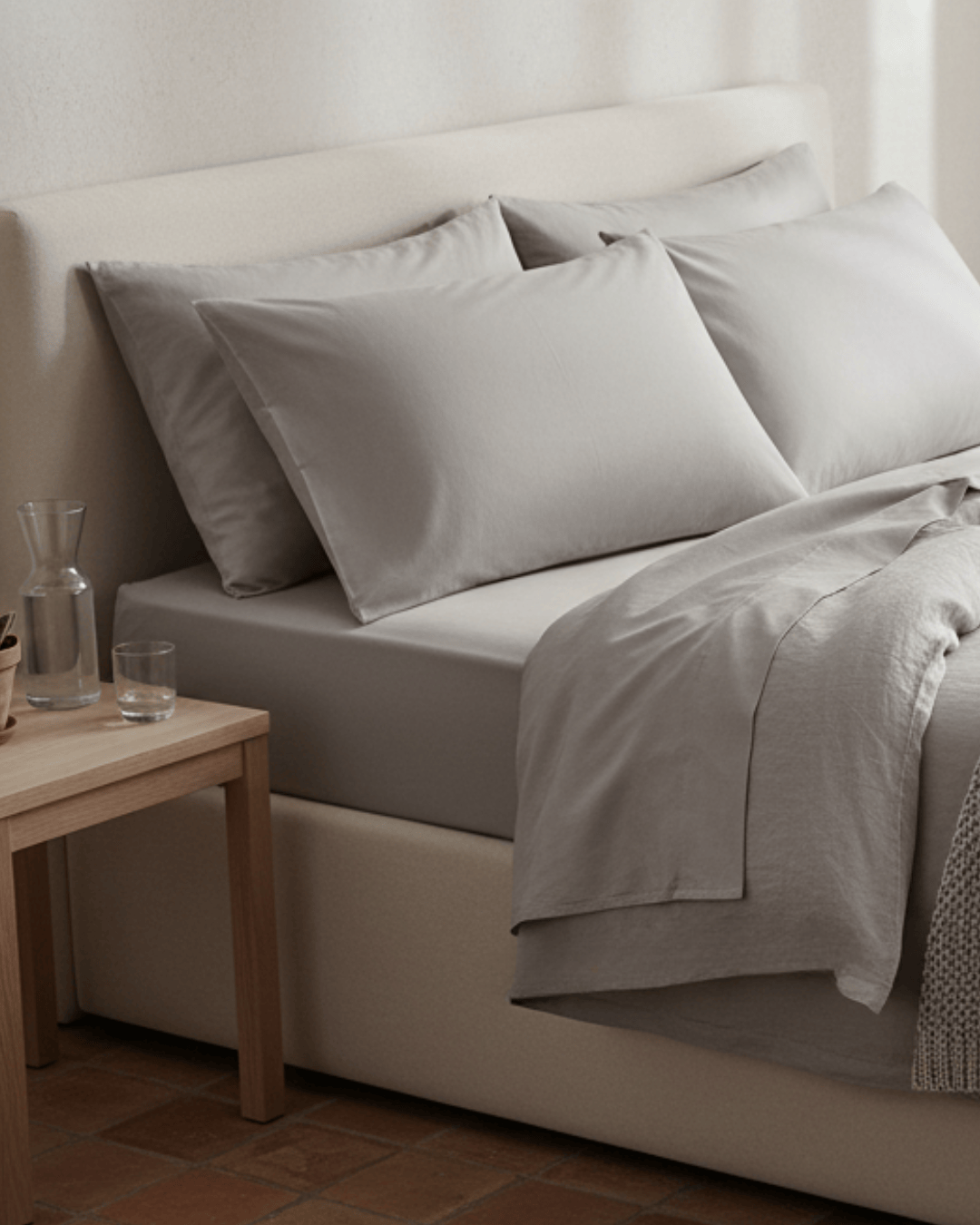 Neatly made bed with light gray bedding in a bedroom setting.