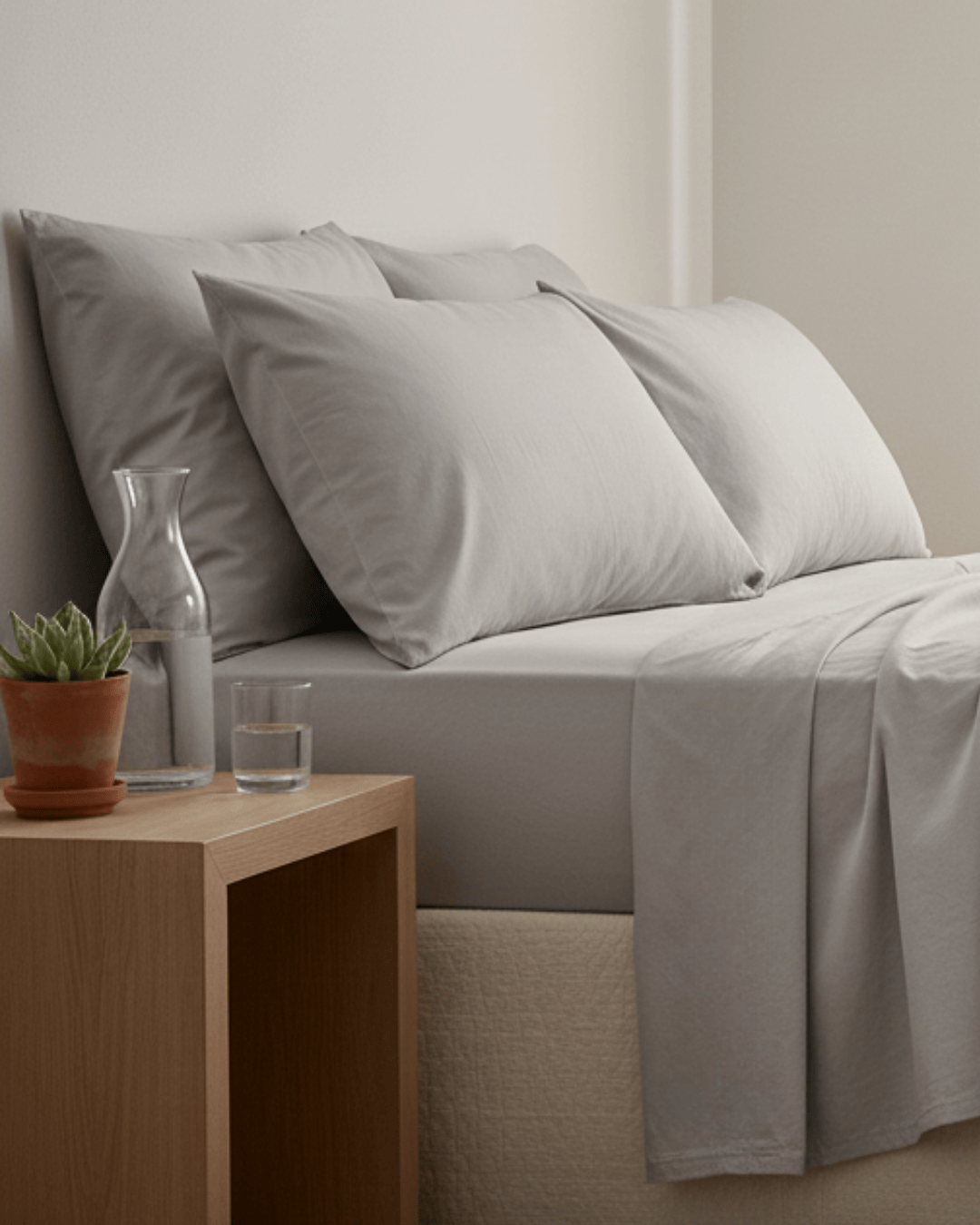 Gray bedding set on a bed with a wooden nightstand and plant.
