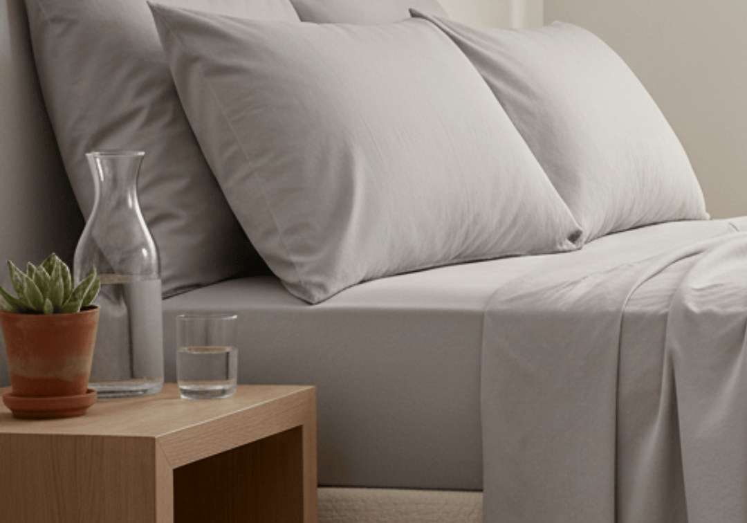 Gray bedding set on a bed with a wooden nightstand and plant.
