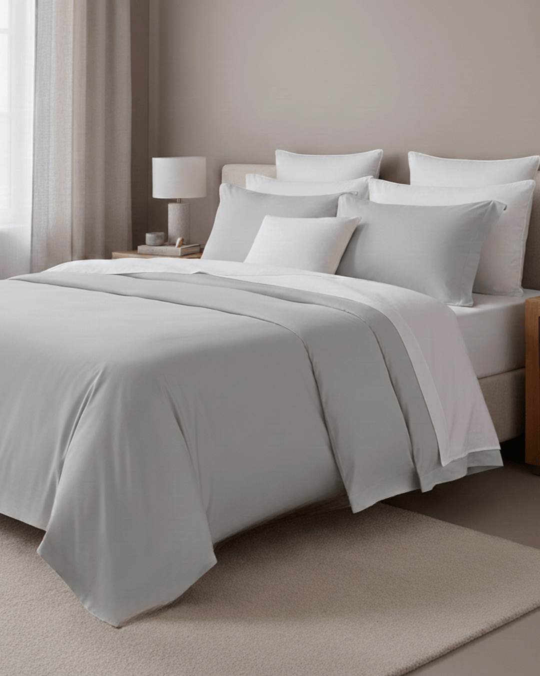 Neatly made bed with white bedding and pillows in a bedroom setting.