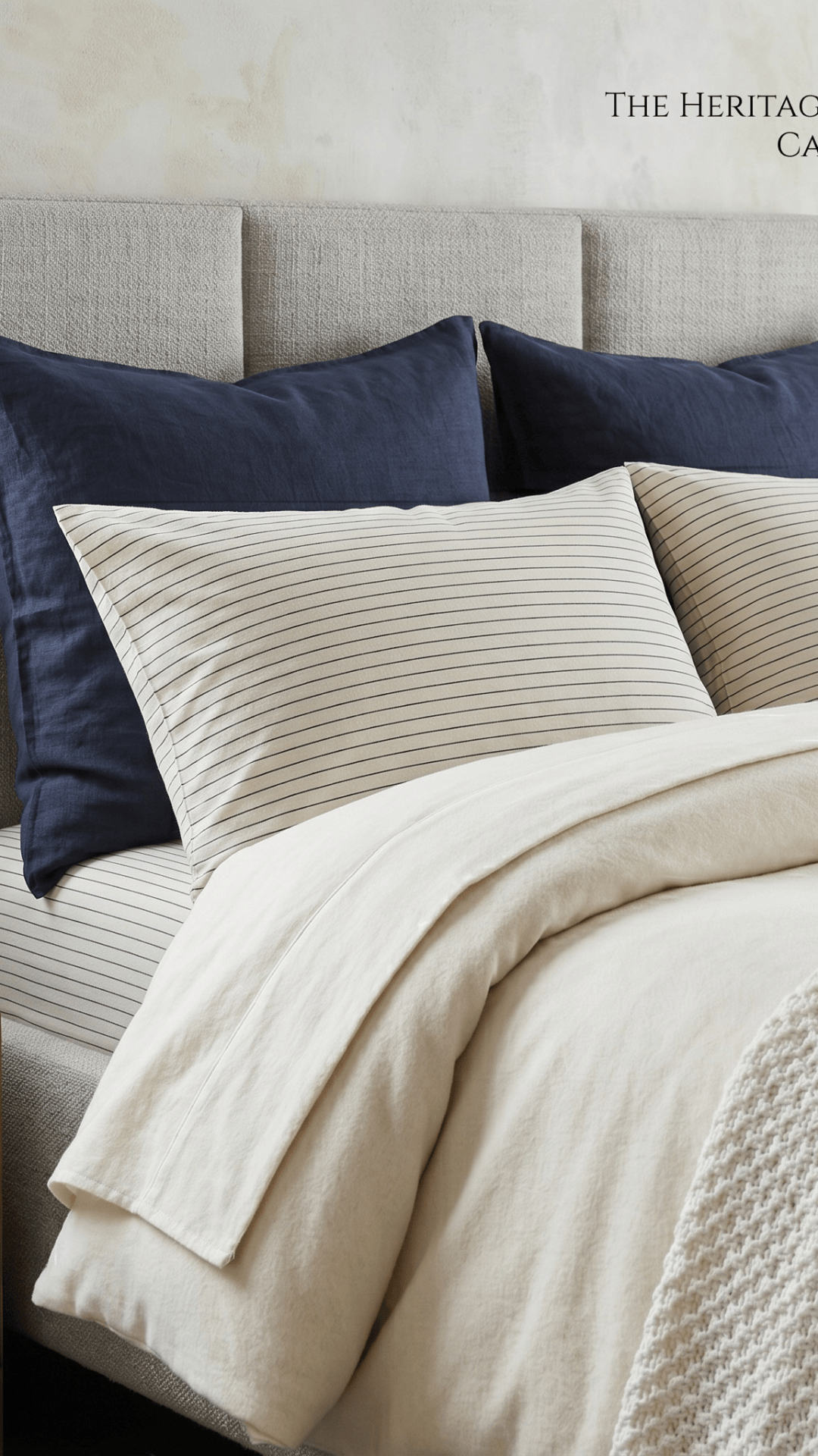 Neatly made bed with beige bedding and navy pillows against a neutral wall.