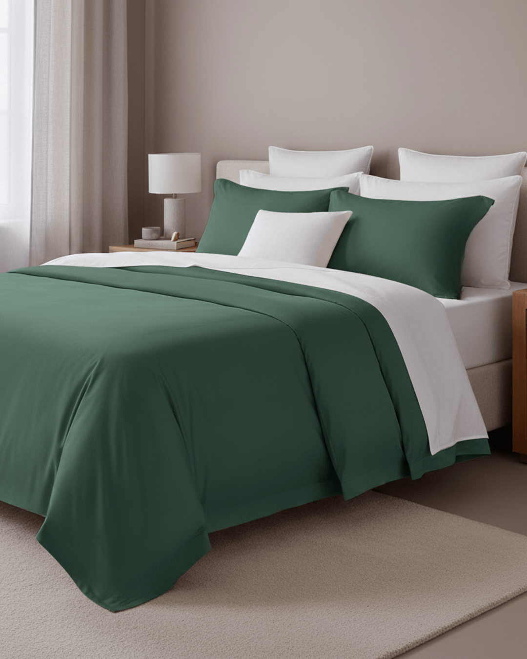 Bed with green bedding and white pillows in a bedroom setting.