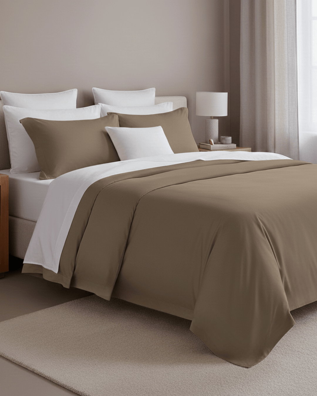 Neatly made bed with Taupe and white bedding in a bedroom setting.