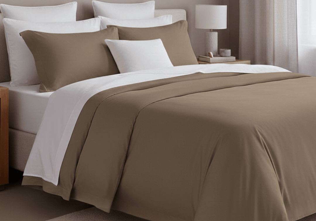 Neatly made bed with Taupe and white bedding in a bedroom setting.