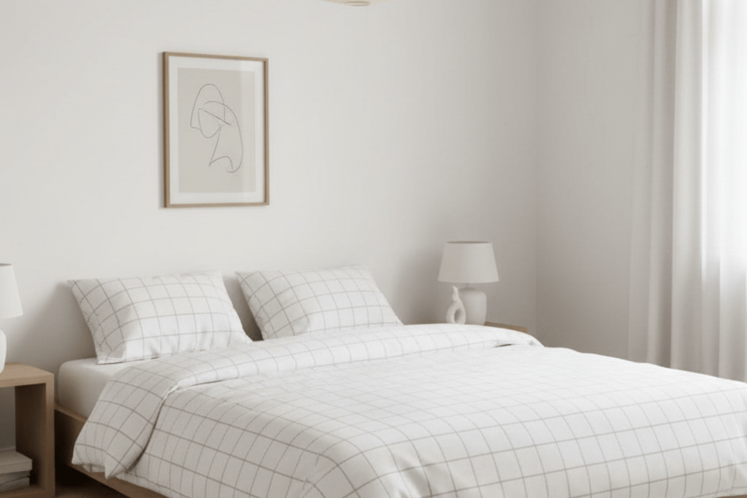 Modern bedroom with a bed, nightstands, and wall art.