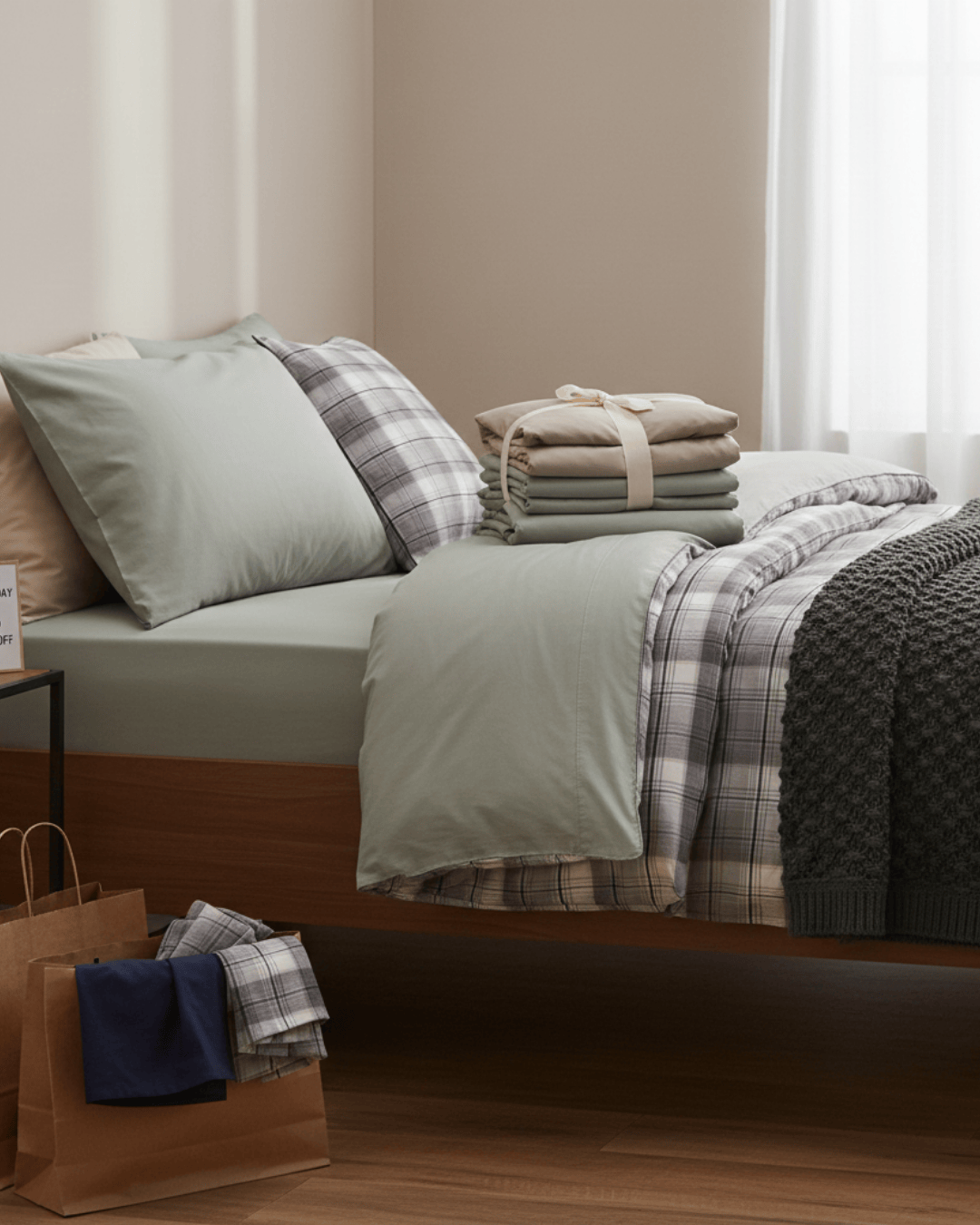 Bedroom with neatly made bed and folded clothes on a wooden floor.