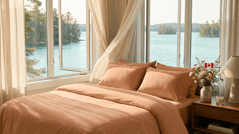 Bedroom with large windows overlooking a lake, featuring a bed with peach-colored bedding and a small table with a vase of flowers.