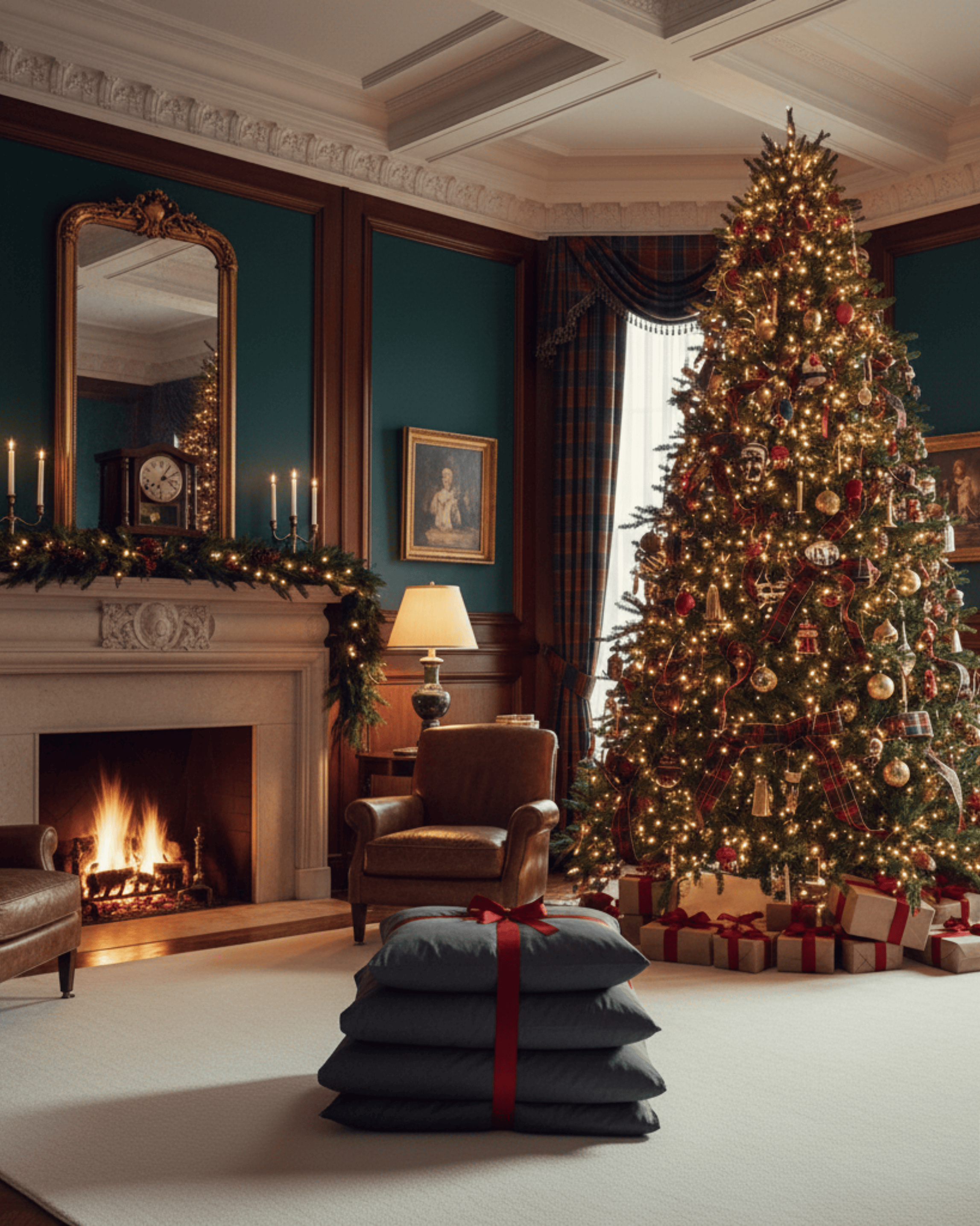 Cozy living room with a Christmas tree, fireplace, and decorative pillows.
