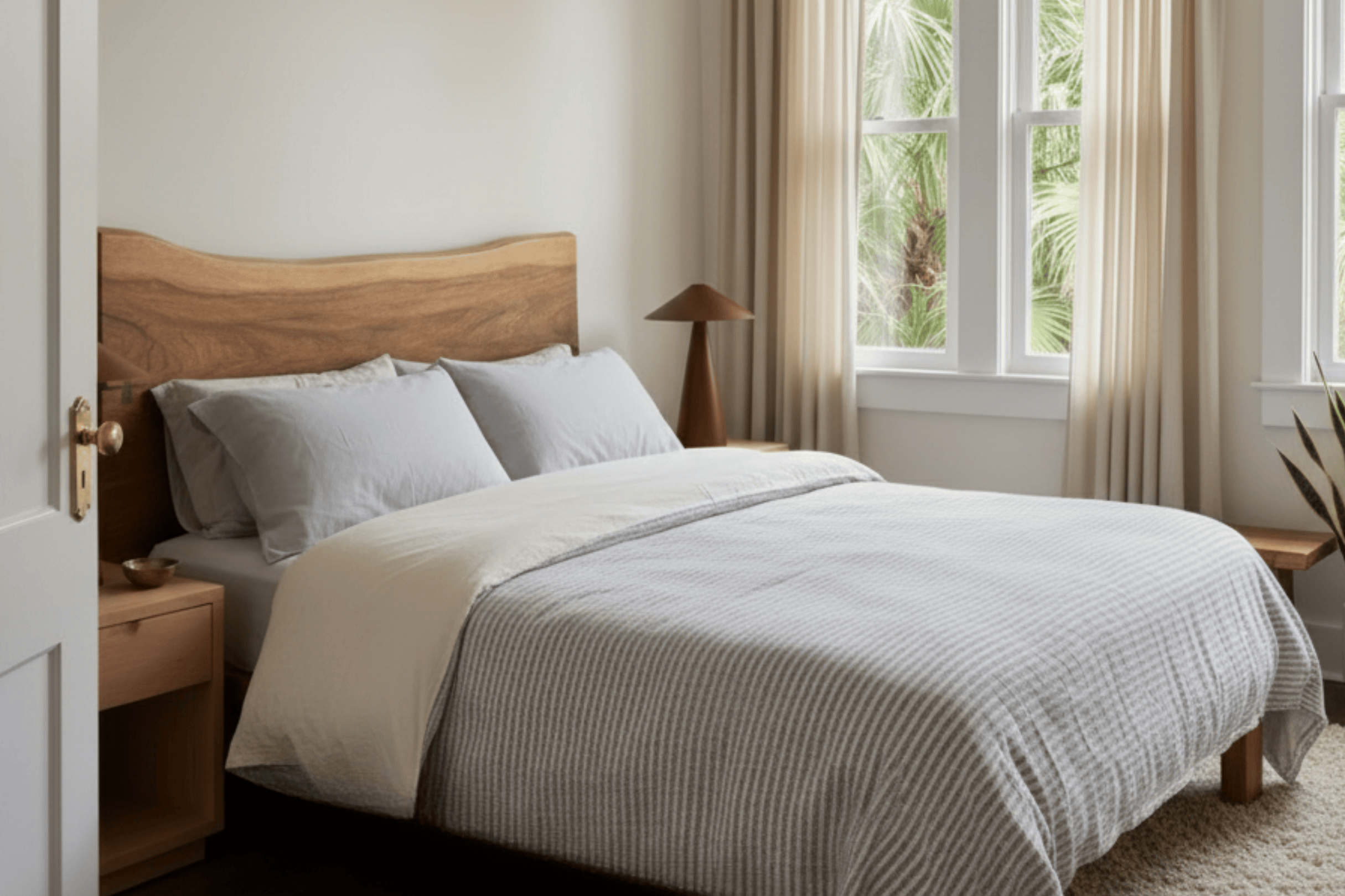 Bedroom with wooden headboard and white bedding, large window with curtains.