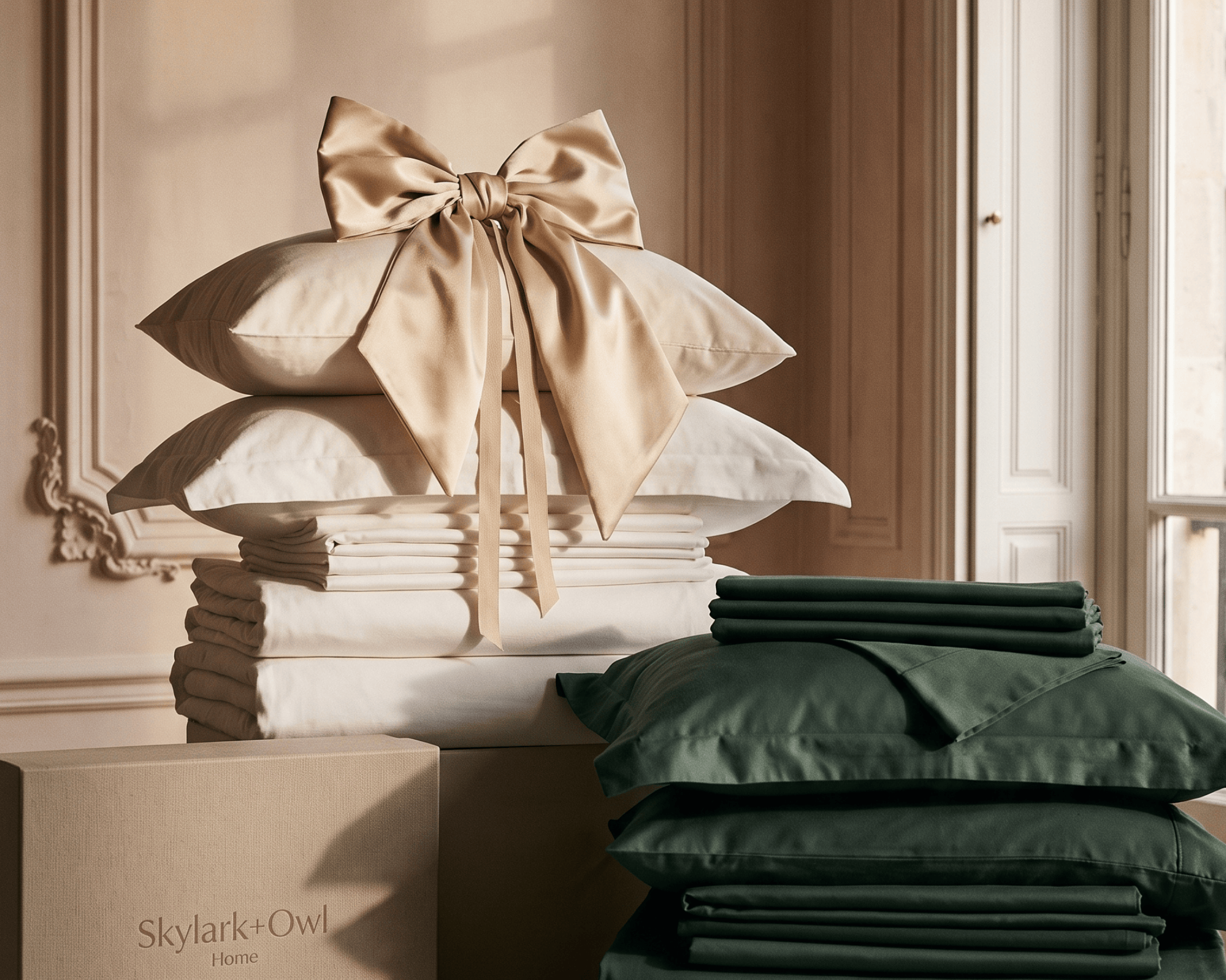A styled bedding set display featuring a stack of cream pillows tied with a large satin bow, a stack of folded cream linens, and a stack of dark forest green pillows and sheets. A cardboard box printed with 'Skylark+Owl Home' is visible in the foreground against a warm beige paneled wall and window.