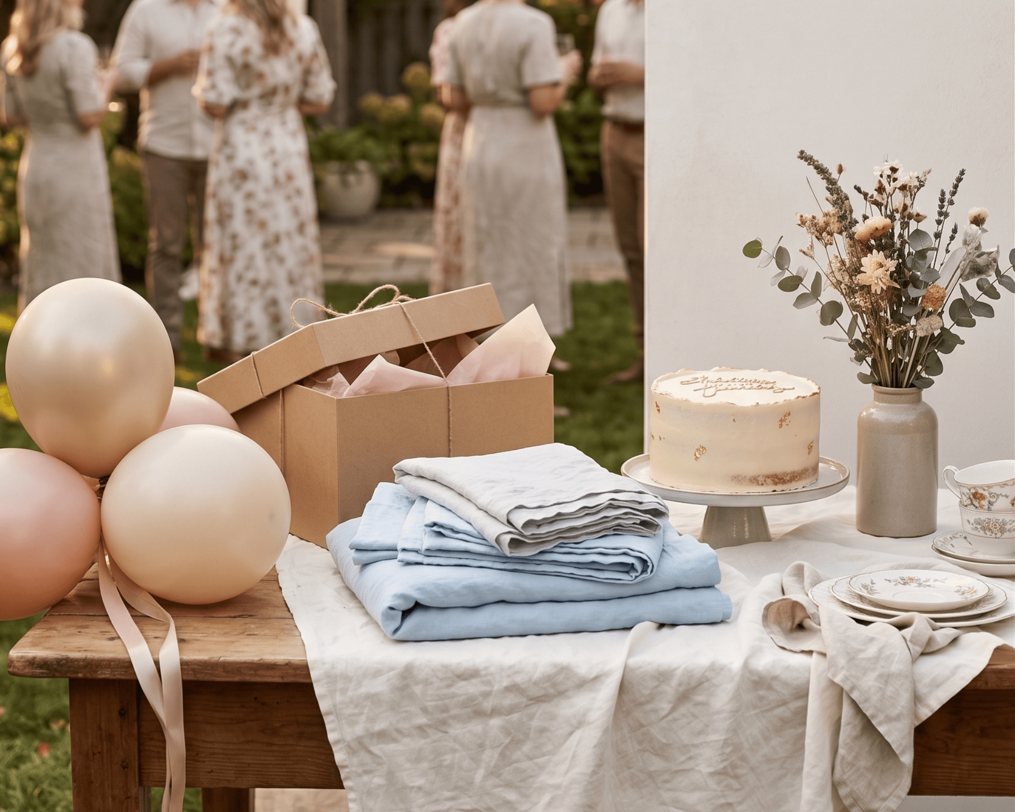 A styled outdoor event table featuring folded light blue and gray textiles, a kraft gift box with pink tissue, blush balloons, a decorated cake, and a vase of dried flowers, with blurred people standing in the background.