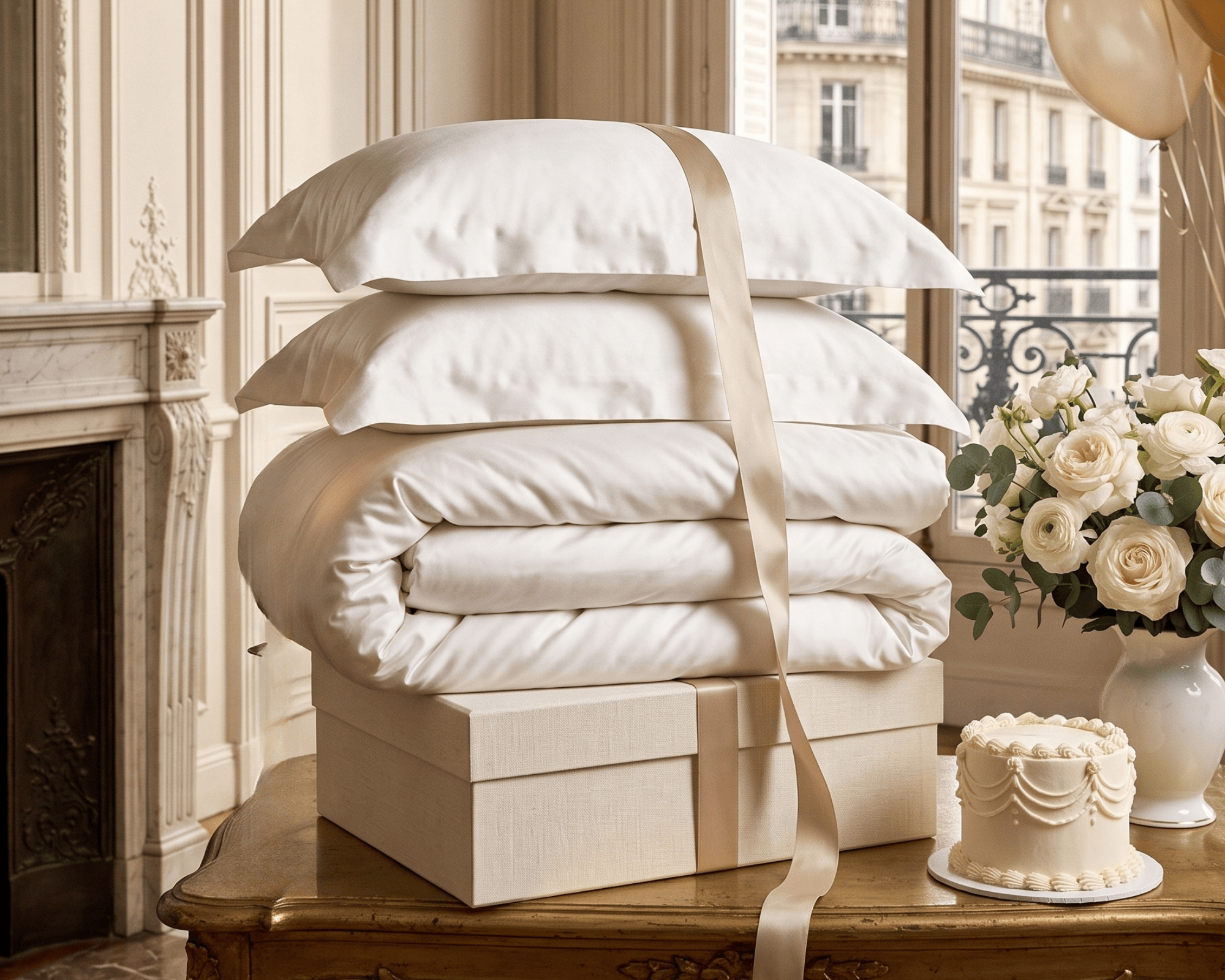 A stack of four white pillows and folded white bedding sits on a cream gift box tied with a satin ribbon, placed on a wooden table in an elegant room. A vase of white roses, a small decorated cake, and balloons are visible nearby.
