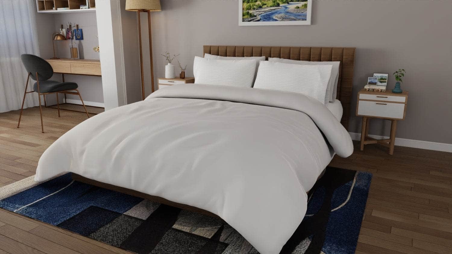 Bedroom with a Light Grey organic percale duvet cover set