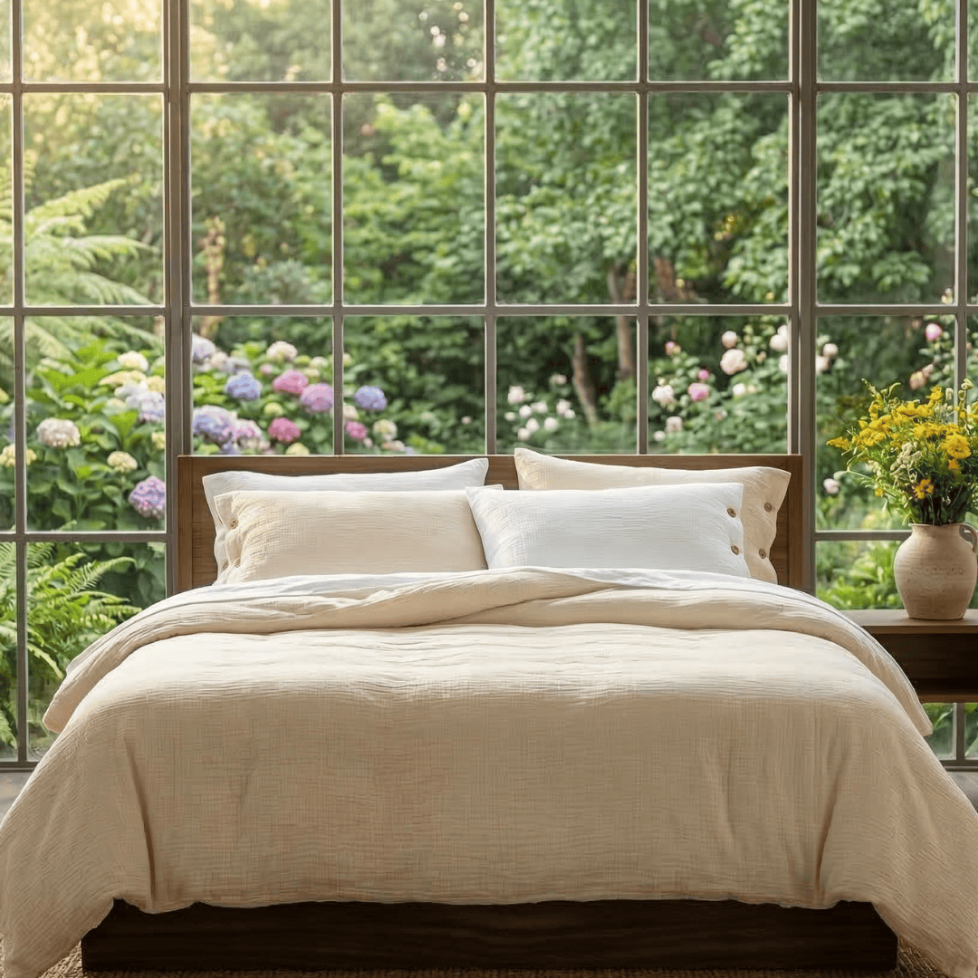 Bedroom with large windows showing a garden view, featuring a bed with beige bedding and white pillows.