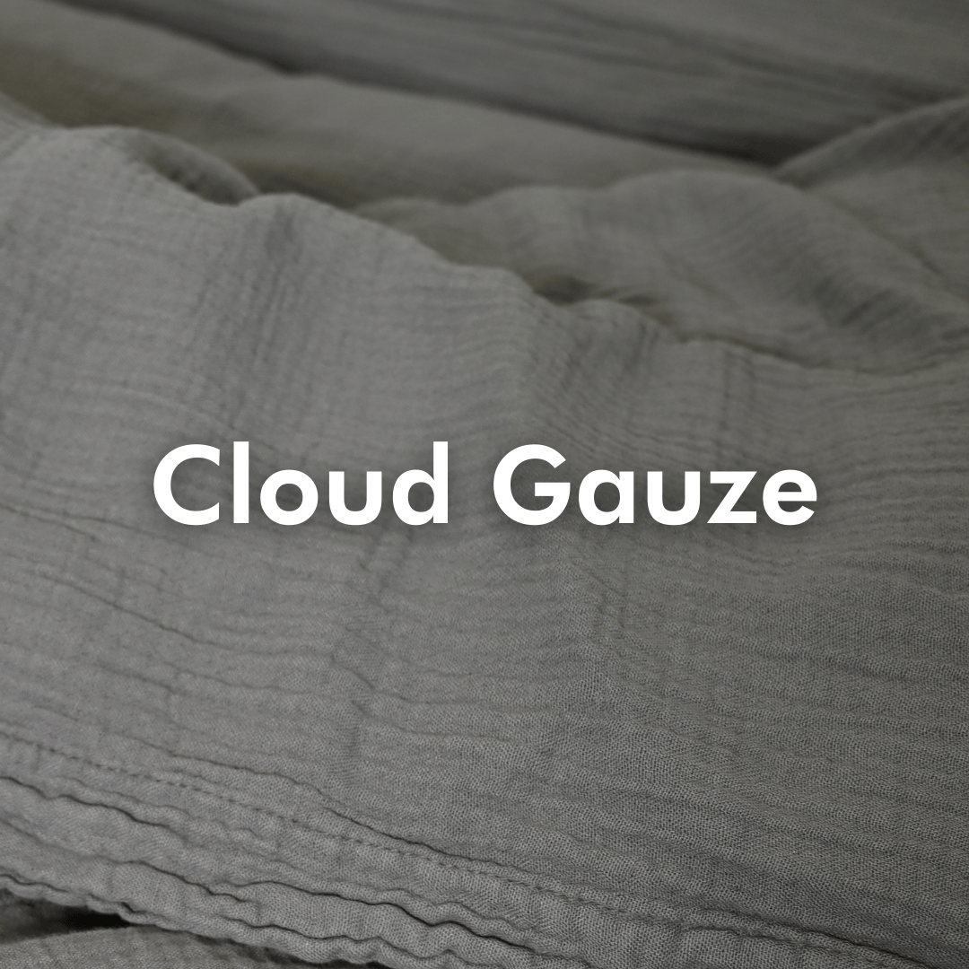 Gray cloud gauze fabric with text overlay