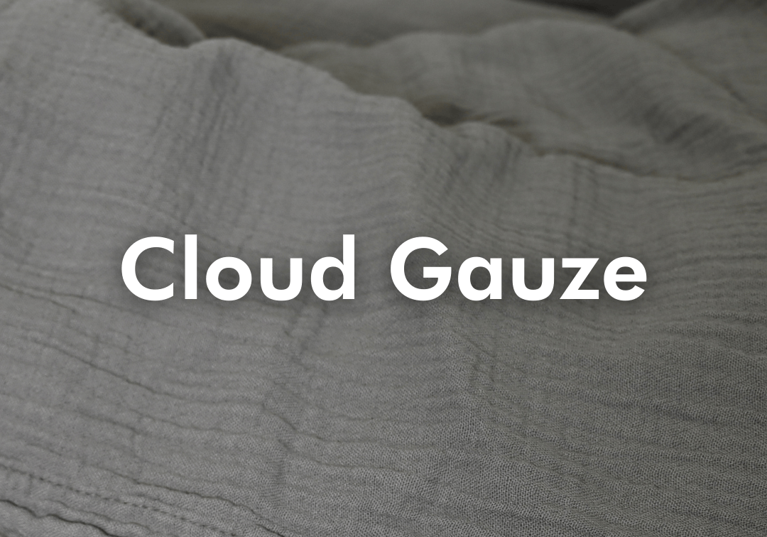 Gray cloud gauze fabric with text overlay