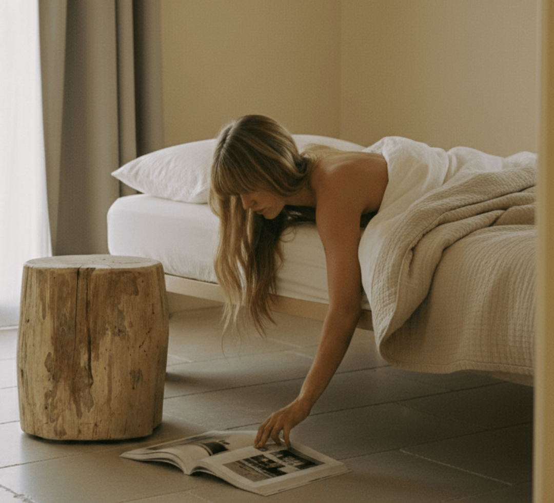 Woman reading a magazine on the floor next to a bed in a softly lit room.