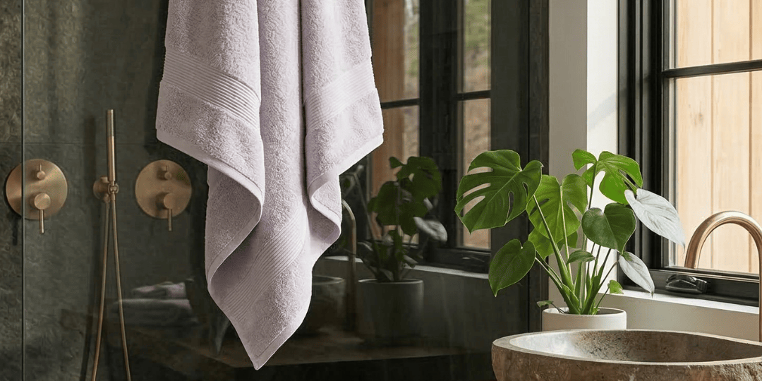 Light grey Essence Turkish cotton towel hanging in a modern stone bathroom