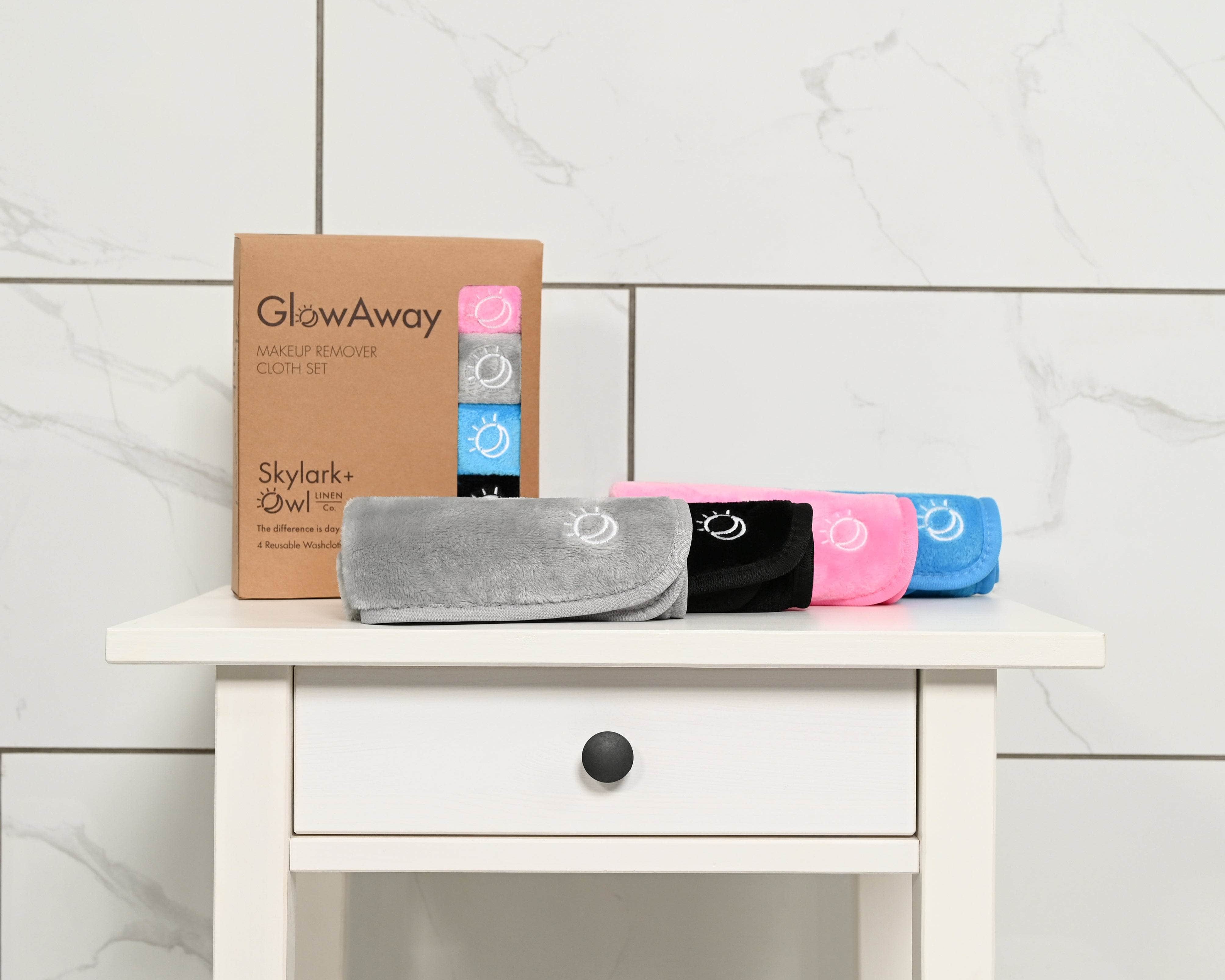GlowAway product set on a white surface with a tiled wall background